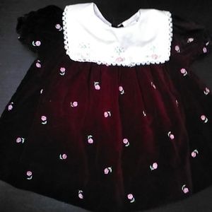 Vintage Ox Blood Velvet Rose EmbroideryWhite PeterPan Collar Dress Sz 6-9 months